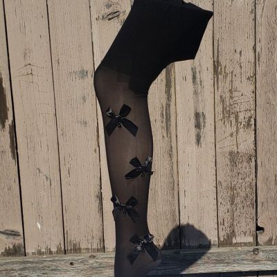 Womens Black Tights Opaque Panty Hose With Bows
